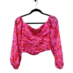 Free People Oh Lala Hot Pink Combo Carnation Rosette Chiffon Top Small NWT